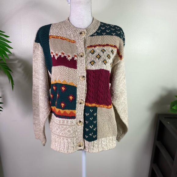 Russ Sport Company Sweaters - Russ sport co.Vtg women’s color block buttoned chunky knit cardigan swea Sz M
